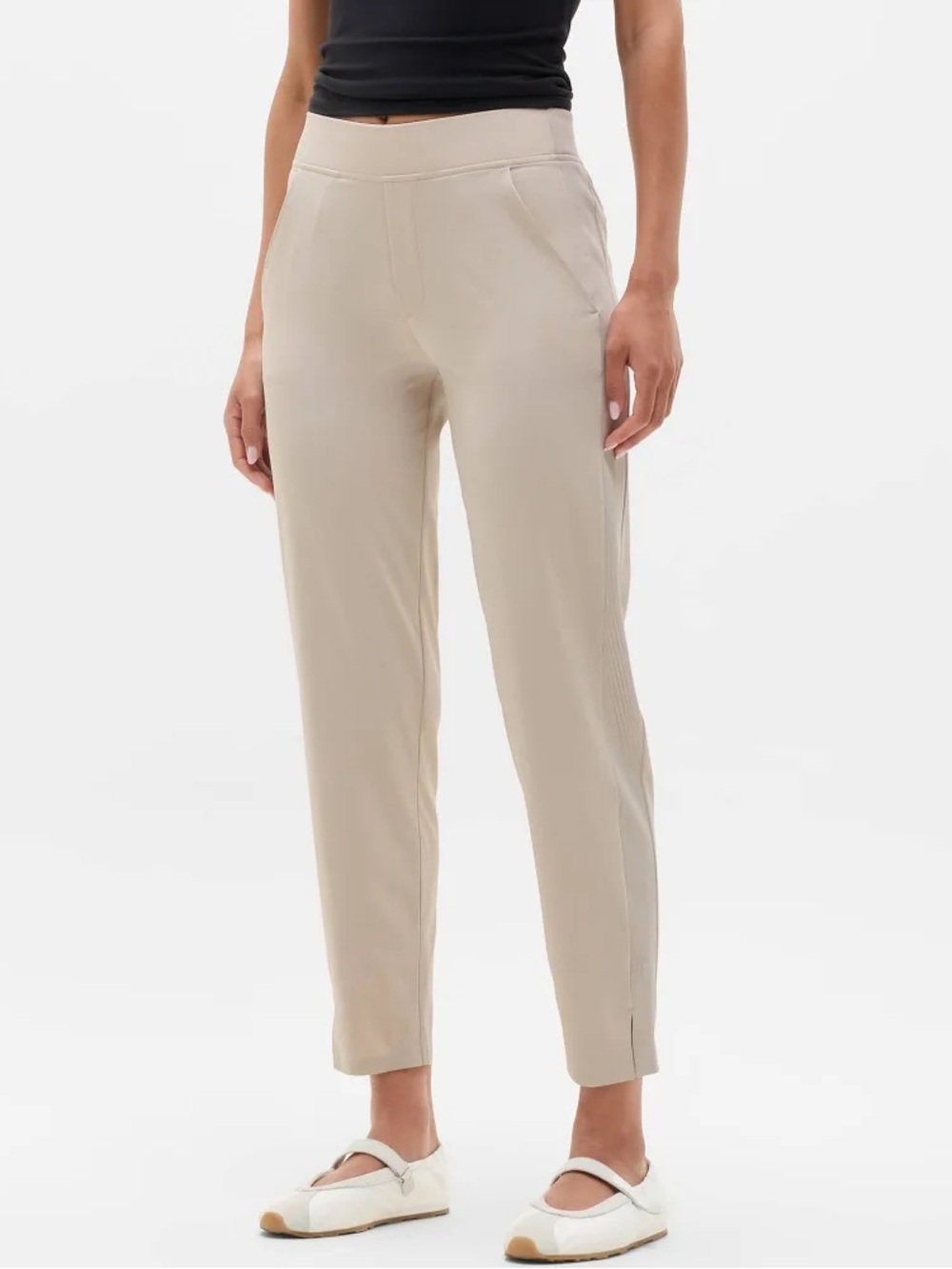 Athleta Neutral Beige Cropped Pull-On Tapered Pants